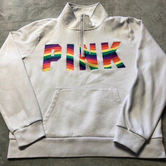 PINK Victoris'a Secret White Quarter Zip Pullover Rainbow Logo Size XL - Picture 2 of 10